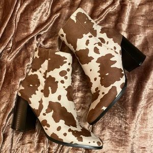 Cow print psuedo-suede ankle heel boots